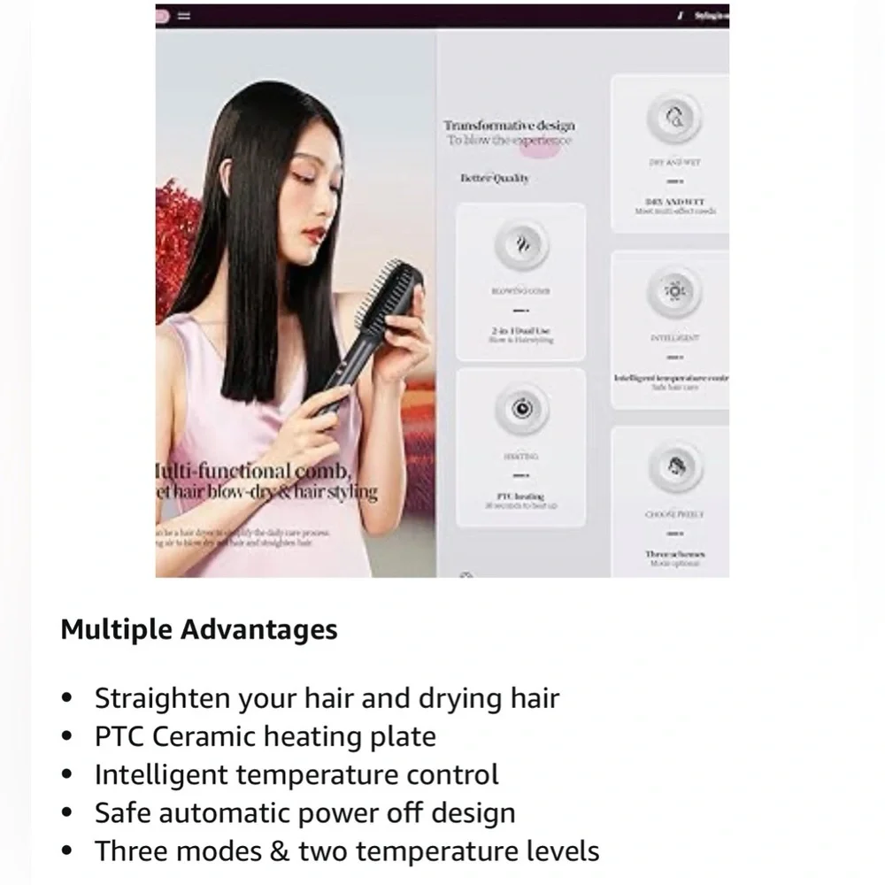 Hair Straightener Brush - Ring Hair Straightener Comb & Hair Dryer 2 in 1